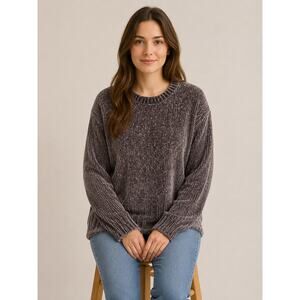 Cynthia Rowley Womens Large Chenille Sweater Purple Gray Cozy Ribbed Pullover